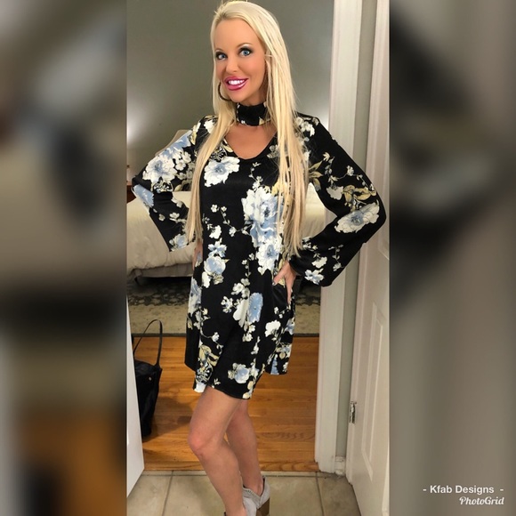 LAST! Black and Blue Silky Floral Choker Bell Sleeve Dress! - Picture 5 of 5